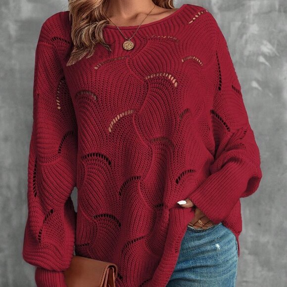 Burgundy Casual Women's Round Neck Drop Shoulder loose knit Sweater - Picture 7 of 7